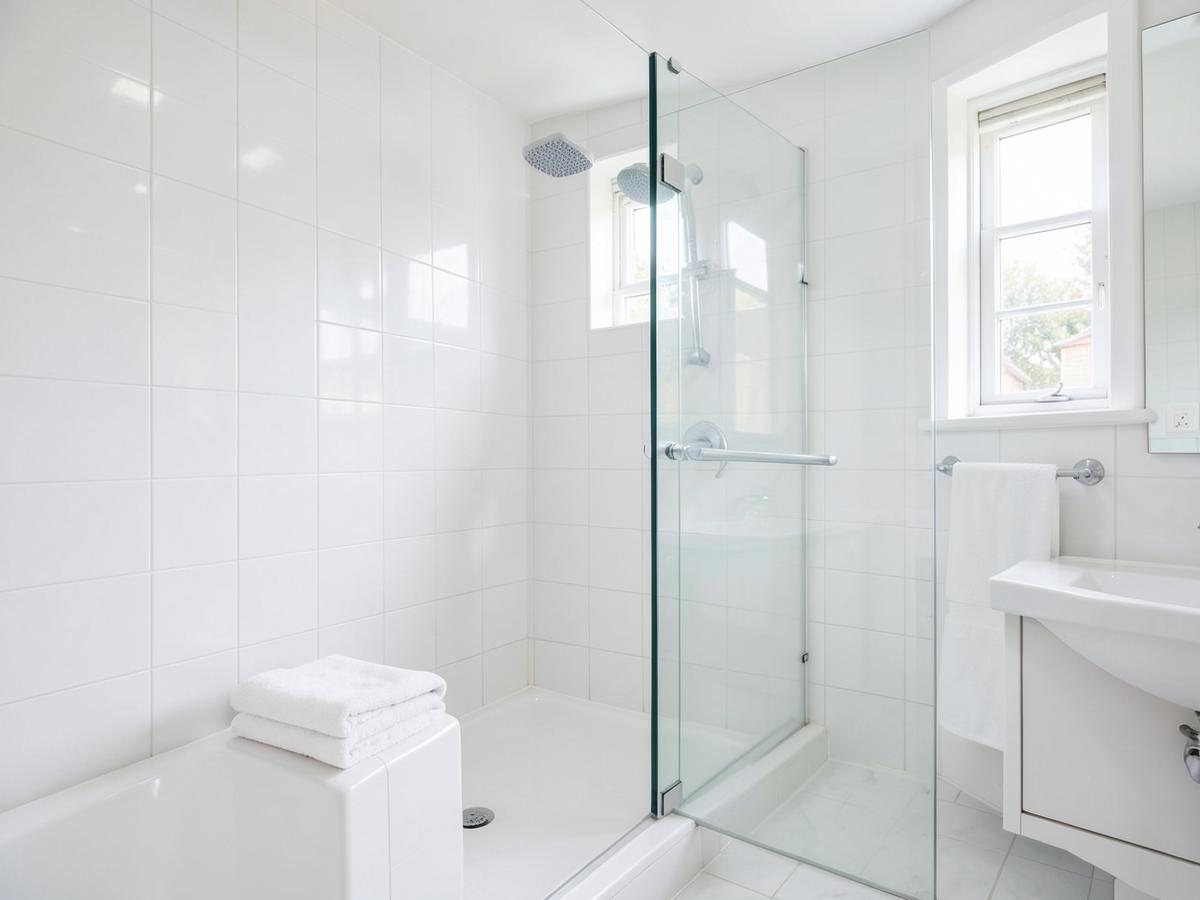 Spotless bathroom shower, tub and sink cleaned by a Houston maid service